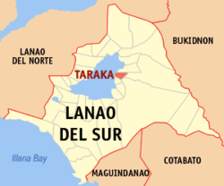 Mapa ng Lanao del Sur na nagpapakita sa lokasyon ng Taraka.