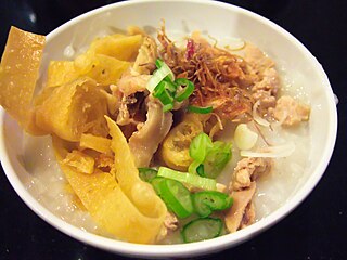 <span class="mw-page-title-main">Bubur ayam</span> Indonesian rice porridge served with chicken meat and various type of condiments