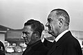 Minister-president Victor Marijnen en vicepresident van de Verenigde Staten Lyndon B. Johnson op Vliegveld Ypenburg op 5 november 1963.