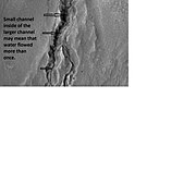 Enlargement of part of previous image showing smaller gullies inside larger ones. Water probably flowed in these gullies more than once. Location is Thaumasia quadrangle.