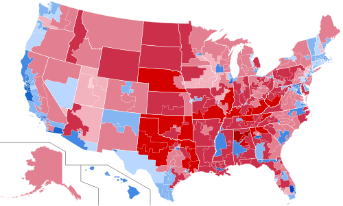 Výsledky dle kongresových volebních obvodů      Clintonová   >90 %      Clintonová 80–90 %      Clintonová 70–80 %      Clintonová 60–70 %      Clintonová 50–60 %      Clintonová 40–50 %      Trump 30–40 %      Trump 40–50 %      Trump 50–60 %      Trump 60–70 %      Trump 70–80 %      Trump 80–90 %