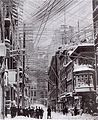 I pali dei fili telegrafici e telefonici a New York City nel 1888. A fine Ottocento era consuetudine trovare sopra le strade delle città estesi sistemi di cavi.