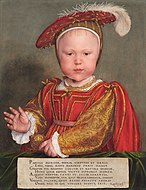 小漢斯·霍爾拜因的《孩童時期的愛德華六世》（Edward VI as a Child），56.8 × 44cm，約作於1538年，山繆·亨利·卡瑞斯購自漢諾威王朝的收藏。[30]