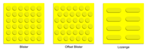 Diagrams of paving blocks with a grid of circles, a grid of circles with offset rows, and a grid of parallel rectangles