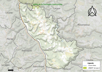 Carte de la ZNIEFF de type 2 sur la commune.