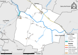 Carte en couleur présentant le réseau hydrographique de la commune