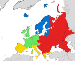 紅色部分為中東歐，大部分在冷戰時期為東方集團成員