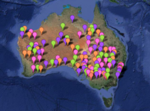 Locations of Bureau of Meteorology operated weather stations which recorded a temperature of 45 °C or above during January 2013.