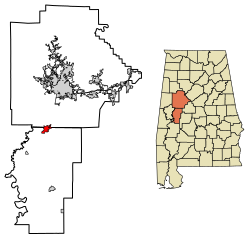 Location of Moundville in Hale County and Tuscaloosa County, Alabama.