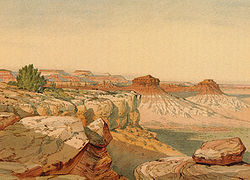 Sunset on the Kanab Desert. From the brink of the Permian Cliff - a Permian butte in the foreground, the Vermillion Cliffs in the distance, and the Jurassic white sandstone in the extreme background. Grand Canyon District, Mohave County, Arizona. (Holmes, 1877)