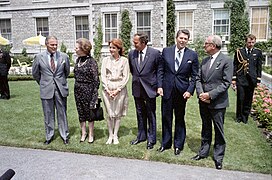 President Ronald Reagan, Alexander Haig, Margaret Thatcher, Edward Schreyer, Mrs. Schreyer and Lord Peter Carrington posing for photos outside Government House in Ottawa, Canada.jpg