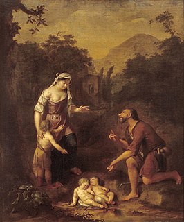 De herder Faustulus vindt Romulus en Remus. Olieverf op paneel door Arnold Houbraken, tussen 1700 en 1719