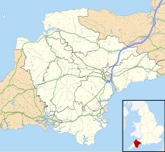 Mapa konturowa Devonu, na dole nieco na prawo znajduje się punkt z opisem „Dartmouth”