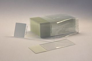 <span class="mw-page-title-main">Microscope slide</span> Thin, flat piece of glass onto which a sample is placed to be examined under a microscope