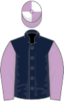 Dark blue, lilac sleeves, lilac and white quartered cap