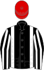 Black, white braces, striped sleeves, red cap