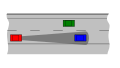 Schema del cruise control adattivo: l'auto rossa mantiene automaticamente una distanza di sicurezza dall'auto blu.