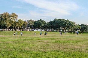 נערים משחקים כדורגל בפארק בן-גוריון, 2024