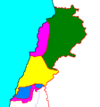 Image 18Map showing power balance in Lebanon, 1983: Green – controlled by Syria, purple – controlled by Christian groups, yellow – controlled by Israel, blue – controlled by the United Nations (from History of Lebanon)