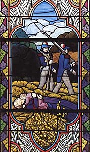 Assassinat d'une femme vendéenne et de sa fille par des soldats de la colonne Bonnaire, vitrail de l'église de La Salle-de-Vihiers, par R. Desjardins, 1931.