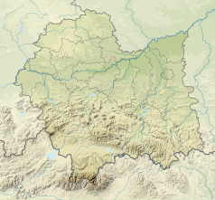 Mapa konturowa województwa małopolskiego, blisko centrum po lewej na dole znajduje się punkt z opisem „źródło”, natomiast po lewej nieco u góry znajduje się punkt z opisem „ujście”