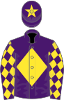 Purple, yellow diamond, diamonds on sleeves and star on cap