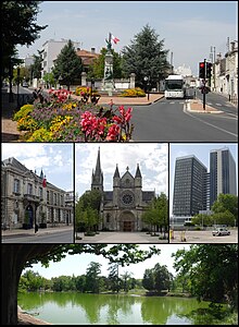 Photomontage de plusieurs vues de Caudéran. On aperçoit des rues végétalisées et des bâtiments anciens. Une image présente deux gratte-ciels noirs.