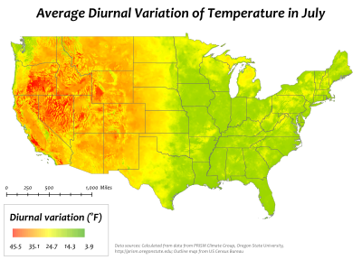 Map of diurnal temperature variation for the month of July in the contiguous United States