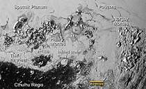 Hillary Montes and Tenzing Montes (labeled Norgay Montes) lie between Sputnik Planitia (top) and Belton Regio (bottom).[18]