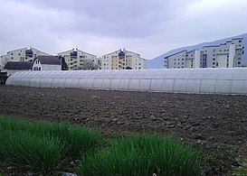 vue en couleurs d'un espace agricole avec des immeubles.