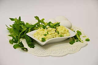 <span class="mw-page-title-main">Egg salad</span> Hard-boiled eggs chopped and mixed with other ingredients