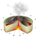 Erupció hawaiana: 1. columna eruptiva, 2. font de lava, 3. cràter, 4. llac de lava, 5. fumaroles, 6. colada de lava, 7. estrat de lava i cendra, 8. estrat geològic, 9 sill, 10. xemeneia, 11. cambra magmàtica, 12. pic volcànic.