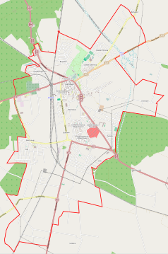 Mapa konturowa Jarocina, po lewej nieco u góry znajduje się punkt z opisem „Wydział Administracji Uniwersytetu Szczecińskiego w Jarocinie”