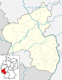 Mapa konturowa Nadrenii-Palatynatu, po lewej znajduje się punkt z opisem „Bitburg”