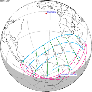 <span class="mw-page-title-main">Solar eclipse of March 9, 2054</span> Future partial solar eclipse