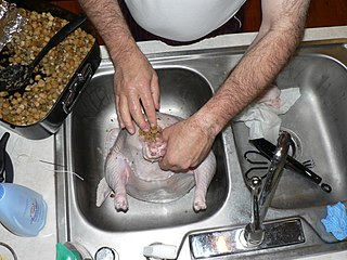 <span class="mw-page-title-main">Stuffing</span> Edible substance or mixture used to fill a cavity in another food item while cooking