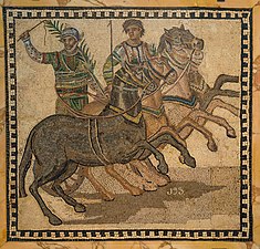 Ancient Roman mosaic of the winner of a chariot race, wearing the colors of the red team