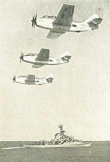 Indonesian Gannets in formation over an Imam Bondjol-class destroyer escort in 1960. Aircraft in formation over ship, Jalesveva Jayamahe, p193.jpg