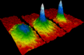 Image 1The first Bose–Einstein condensate observed in a gas of ultracold rubidium atoms. The blue and white areas represent higher density. (from Condensed matter physics)