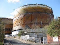 Spiral-guided gas holders at the former Meadow Lane Gas Works in Hunslet, Leeds. These were constructed around 1965.