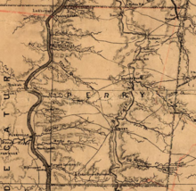 A detailed map from the American Civil War showing ridges, streams, settlements, roads, and river landings in Perry County.