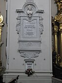 Funerary monument on a pillar in Holy Cross Church, Warsaw, enclosing Chopin's heart (just above the bouquet at the bottom)