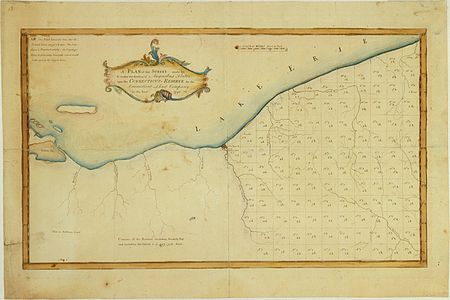 A Plan of the Survey made by & under the direction of Augustus Porter upon the Connecticut-Reserve for the Connecticut Land Company in the Year 1796. Showing the Western Reserve divided into sections and the town and city of Cleaveland (Cleveland). (Zoom) Porter1796WesternReserve-300.jpg