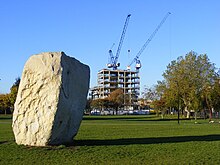 A large boulder in a park