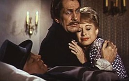 v.l.n.r. Peter Lorre, Vincent Price en Joyce Jameson