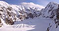 Kahiltna Queen at upper right, viewed from north slope of Mount Hunter. Head of Southeast Fork Kahiltna Glacier below.