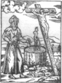 Al pie de neñu crucificáu, xudíu con turbante envelena pozu d'agua y provoca la peste negro n'Europa. Grabáu alsacianu basáu n'orixinal medieval tardíu.[51]