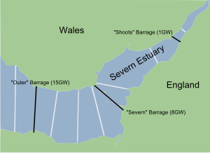 Barrage locations considered over the years. The most westward locations, around Ilfracombe and The Gower, are not shown. Black indicates lines of most interest, with associated peak power generation at that location. Severn Barrages map.svg