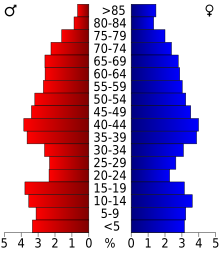 Schéma représentant la population du comté, par tranche d'âge. En rouge, à gauche, les femmes, en bleu à droite, les hommes.