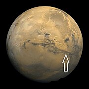 Image of disk of Mars taken by Viking. Arrow shows location of recurrent slope lineae in following HiRISE images.